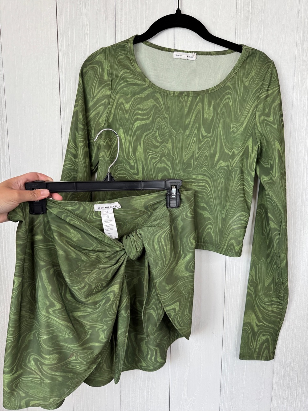 Good American Green Tie-Front Sarong & Mesh Long Sleeve Top Set
